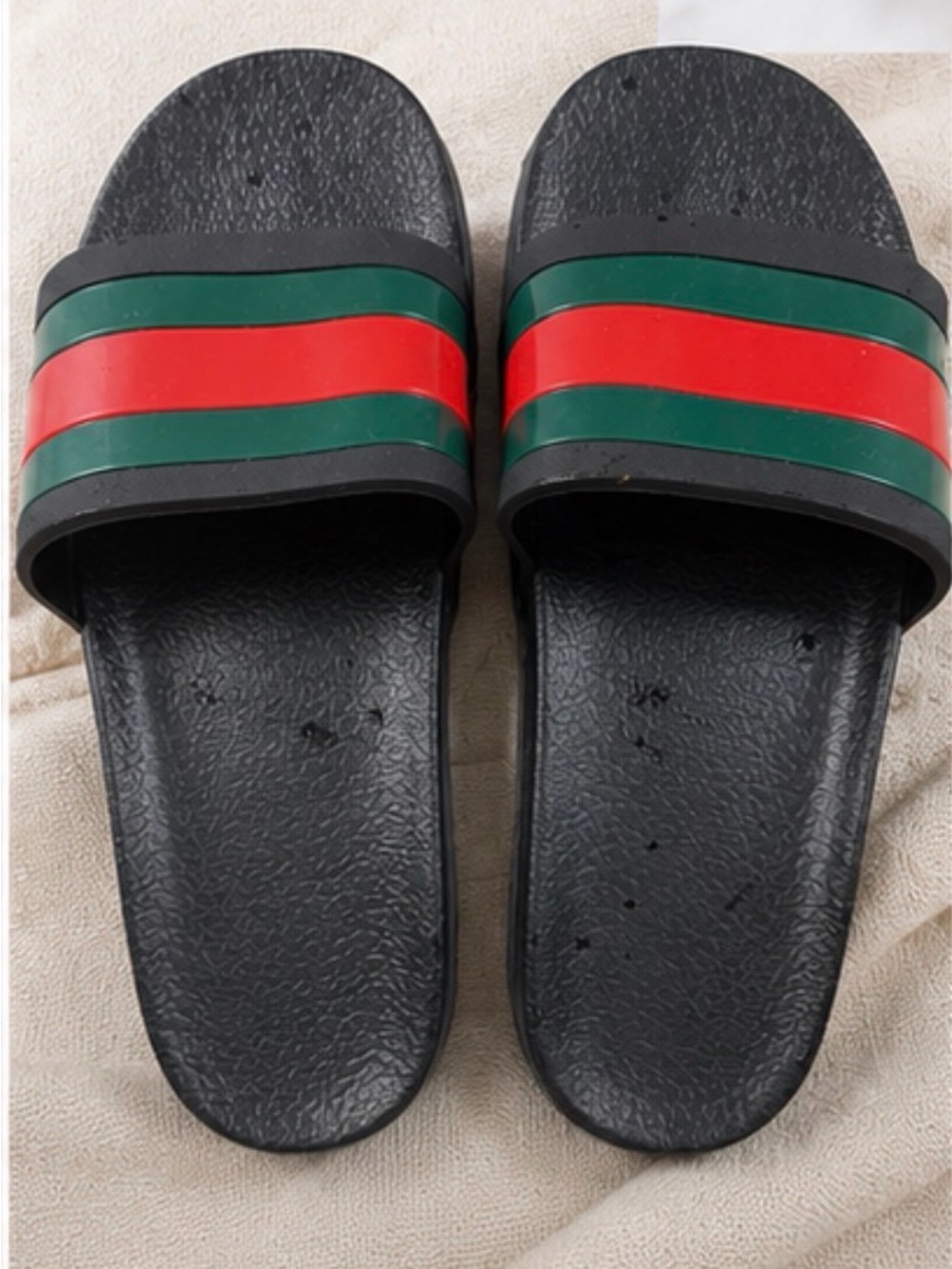 Gucci Black Slides with Signature Green and Red Stripes—MEN’S WEAR